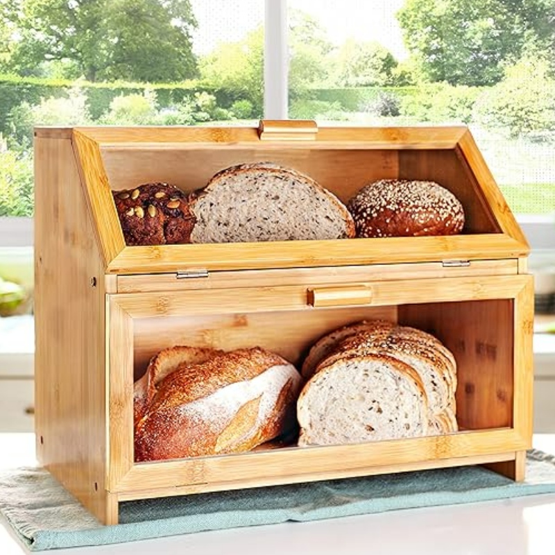 Boîte à pain en bambou pour comptoir de cuisine - Rangement de pain à double couche avec fenêtres claires - poubelle de pain de style ferme rustique