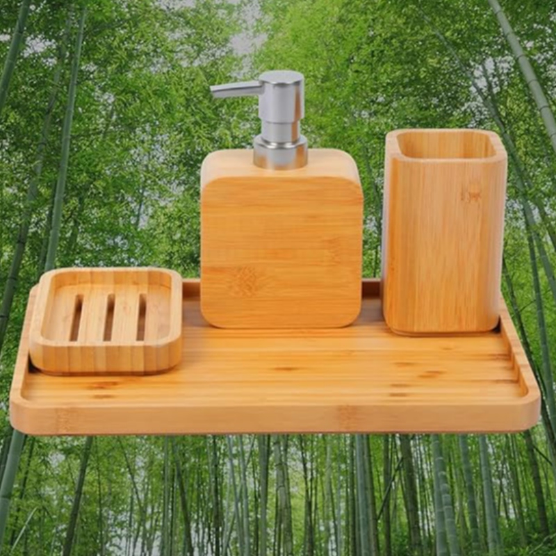 Lavabo bambou fait à la main&ensembles d\'accessoires de salle de bain set rétro,naturel, porte-plat de savon pour douche, distributeur de savon de lotion, tasse de rince-bouche, tasse de rinçage, plateau d\'organisateur pour hôtel, maison, bureau